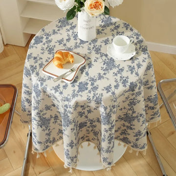 Qfdian Vintage Round Tablecloth Blue Floral Farmhouse Washable Table Cover for Dining Picnic Indoor Outdoor Kitchen Tabletop Decoration